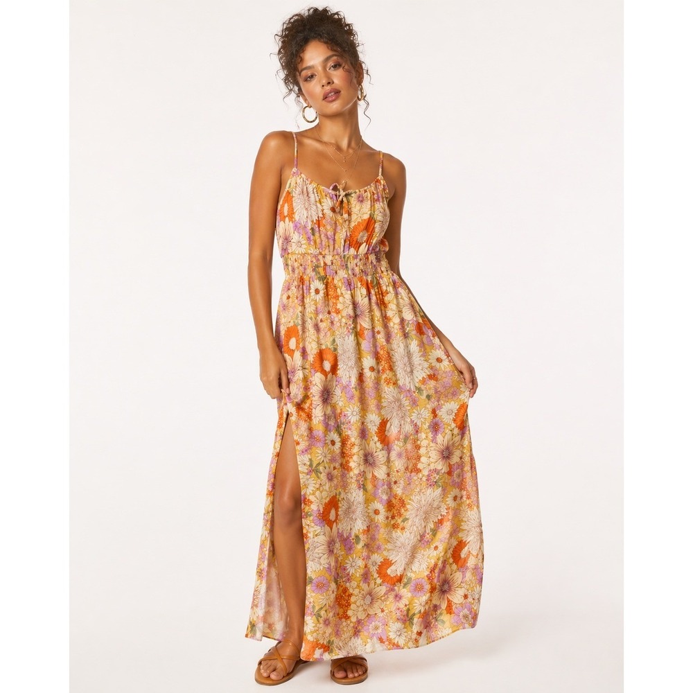 Mason & Belle Floral Smocked Maxi Dress Orange Yellow Retro Size M NWT‎